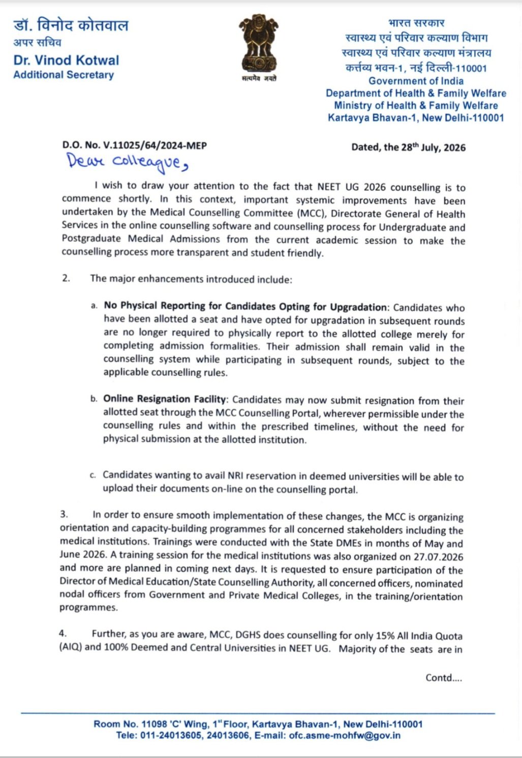 NEET UG 2026 counselling: no physical reporting for upgrades, online resignation now allowed
