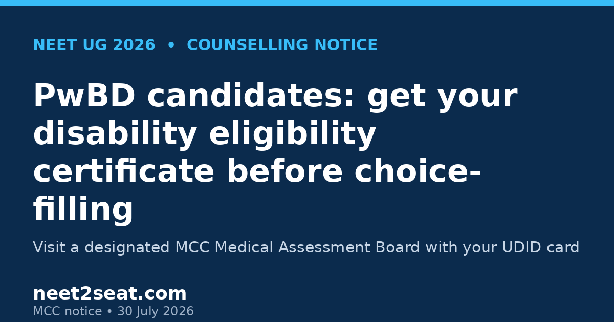 NEET UG 2026 PwBD candidates must obtain a disability eligibility certificate from an MCC Medical Assessment Board
